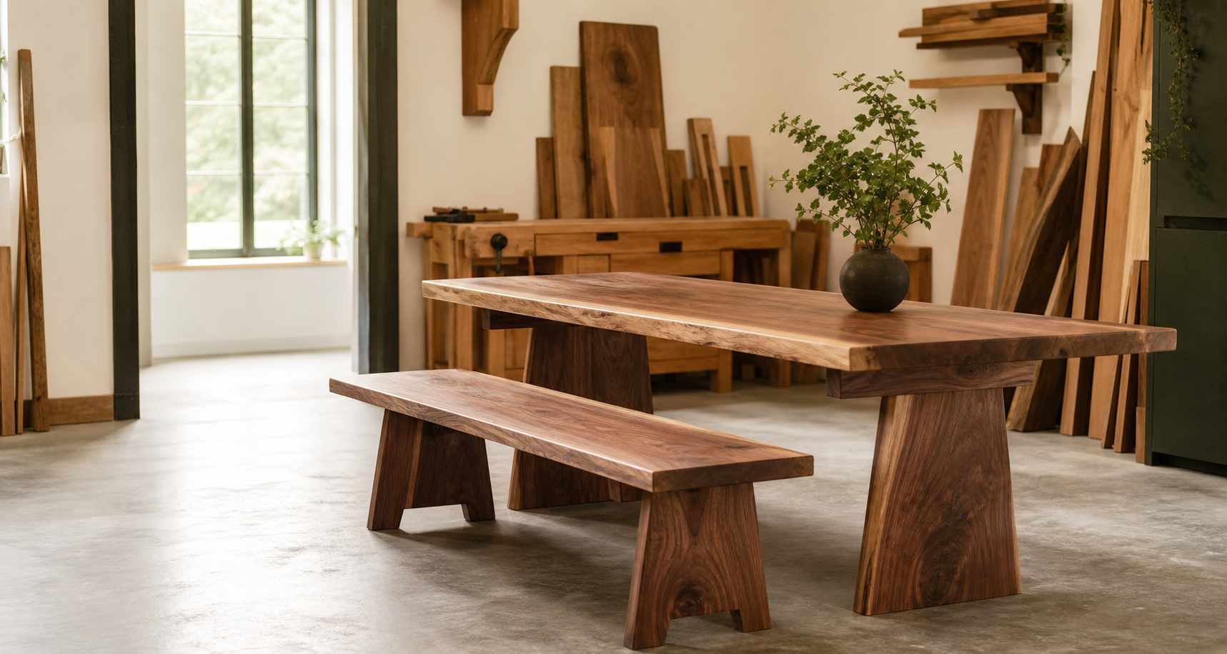 Handcrafted hardwood table and bench in a bright woodworking studio